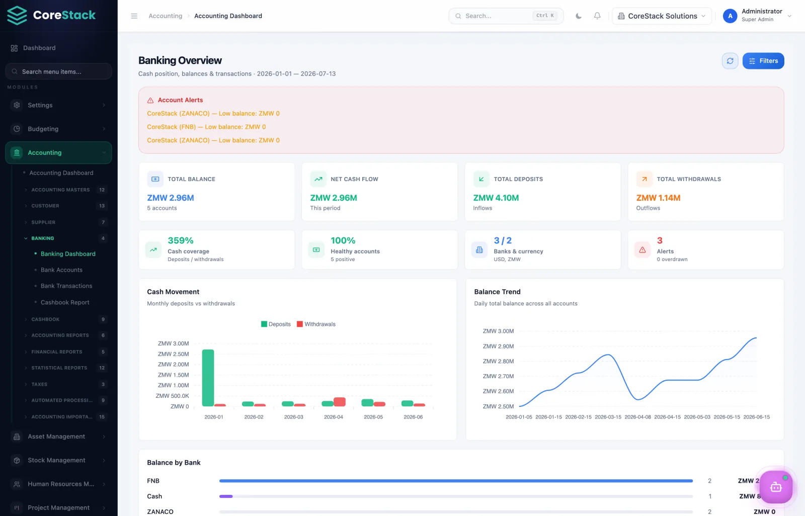 CoreStack ERP Banking & reconciliation screen