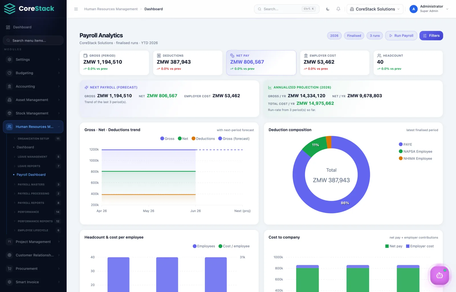 CoreStack ERP Payroll & pay runs screen