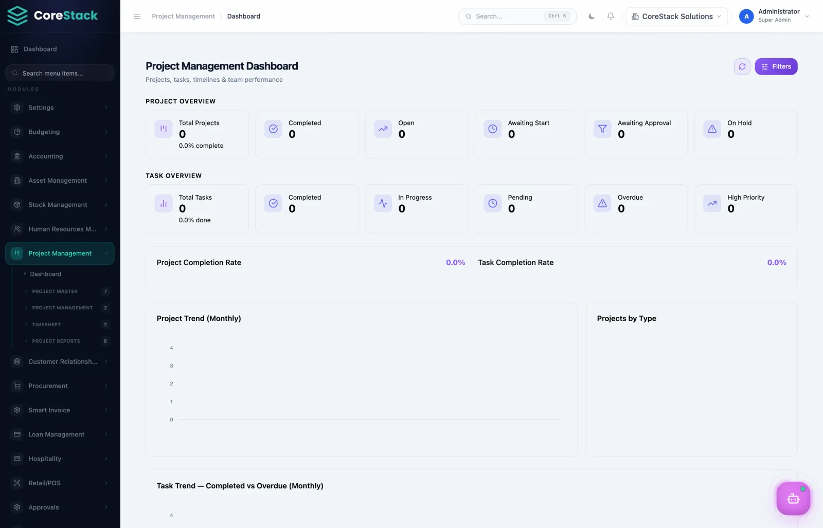 CoreStack ERP projects screen