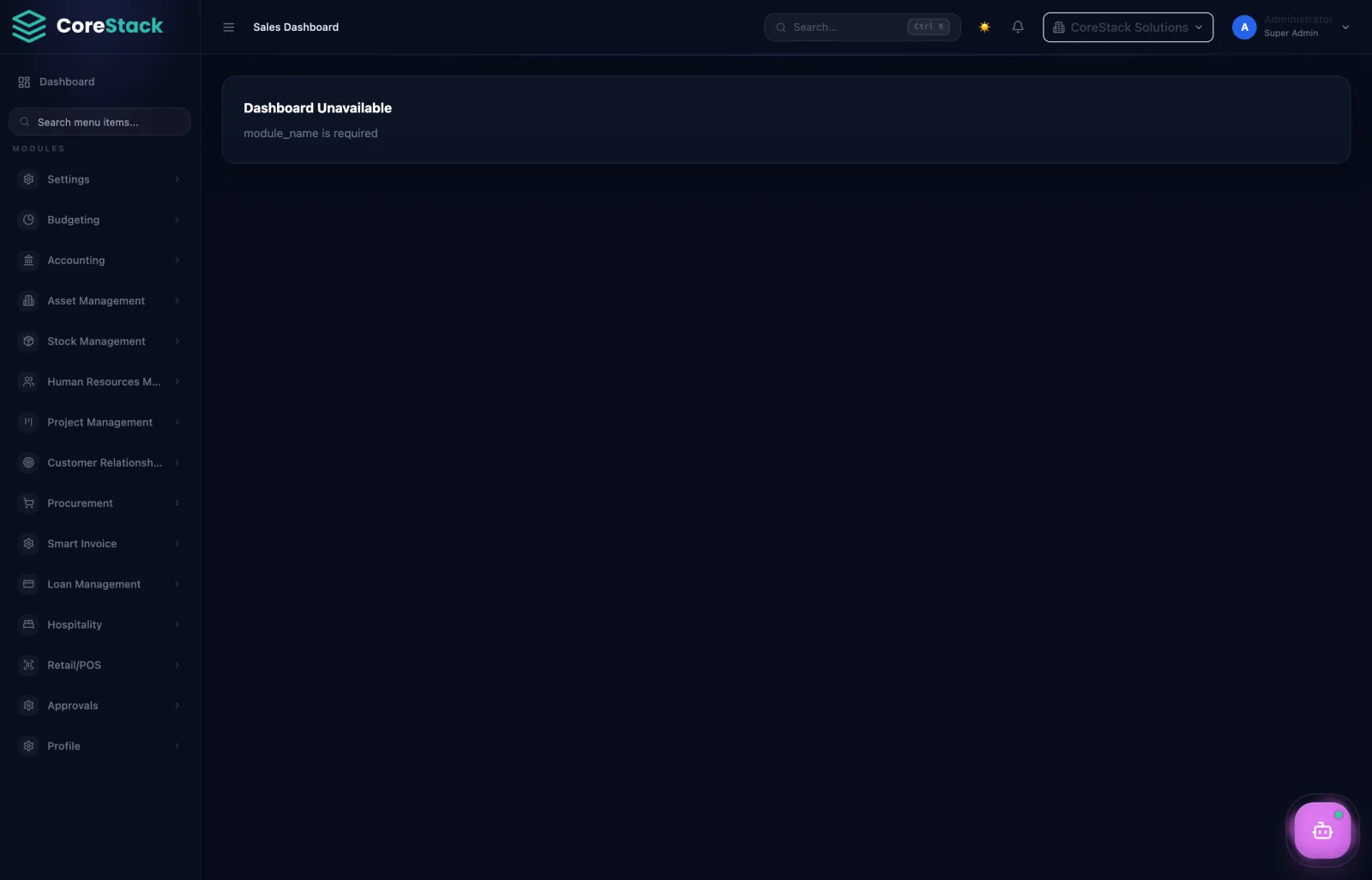 CoreStack ERP Sales pipeline screen
